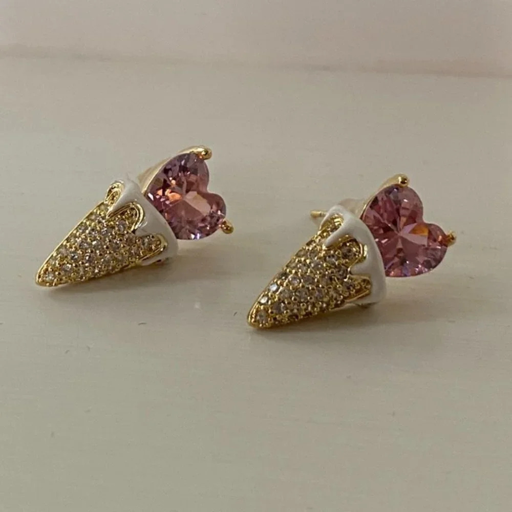 Ice Cream Heart Earrings with Pink Crystals and Rhinestone Studded Cones